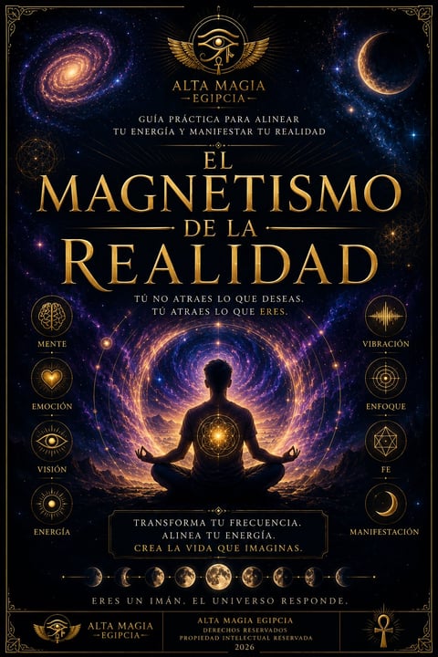 Spanish book cover for El Magnetismo de la Realidad featuring a silhouette meditating in cosmic energy with spiritual symbols and text about manifestation