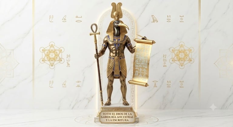 Gold Egyptian statue of Thoth holding a staff and scroll against a marble background with hieroglyphic symbols