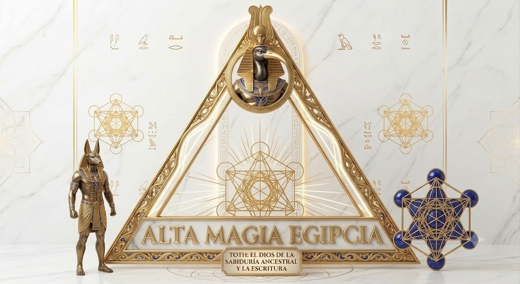 Golden triangle esoteric symbol with Alta Magia Aegipcia text, flanked by Egyptian statue, sacred geometry designs, and blue crystal cross.