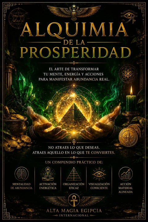 Spanish book cover for Alquimia de la Prosperidad featuring golden pyramid, hands, and mystical symbols on black background