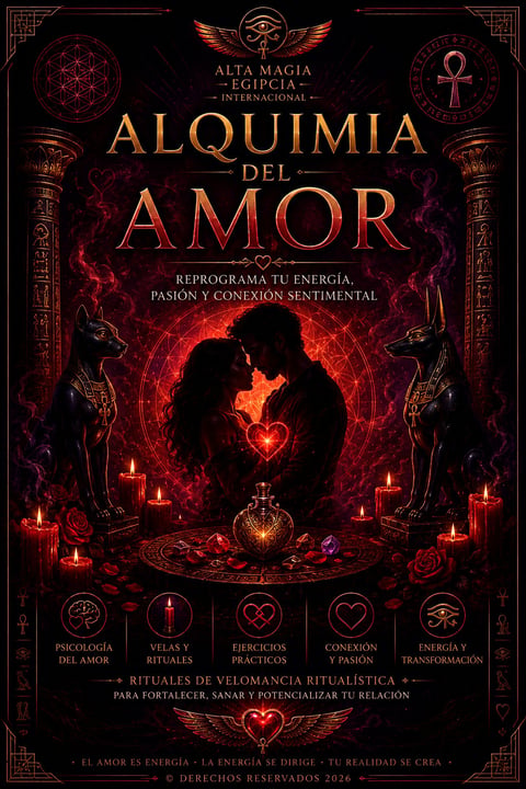 Cover of Alquimia del Amor book featuring silhouettes of a couple with glowing heart symbol surrounded by mystical symbols and candles on black background