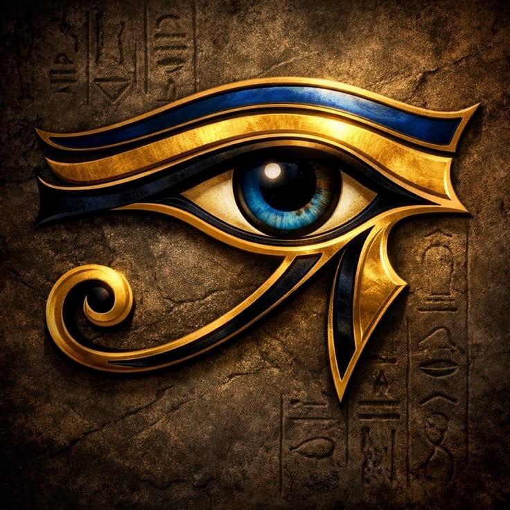 Golden Egyptian Eye of Horus symbol with blue and teal iris on textured brown background with hieroglyphics