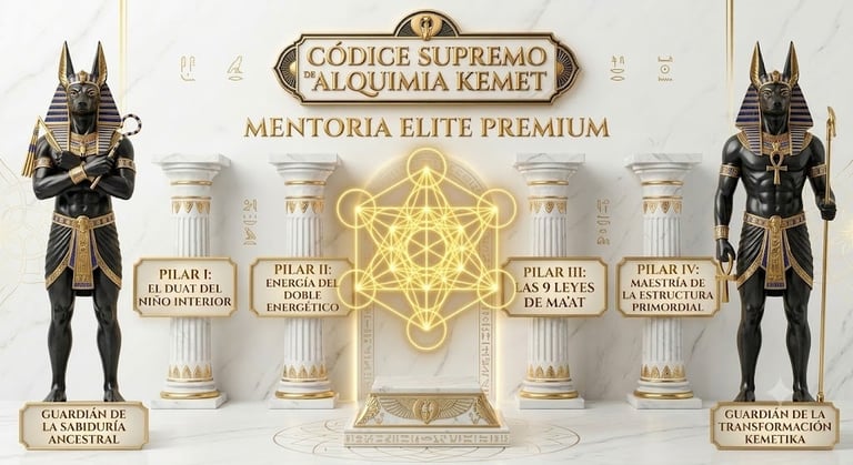 Egyptian-themed spiritual diagram with golden sacred geometry symbol centered between four classical columns, flanked by two black and gold Egyptian guardian statues