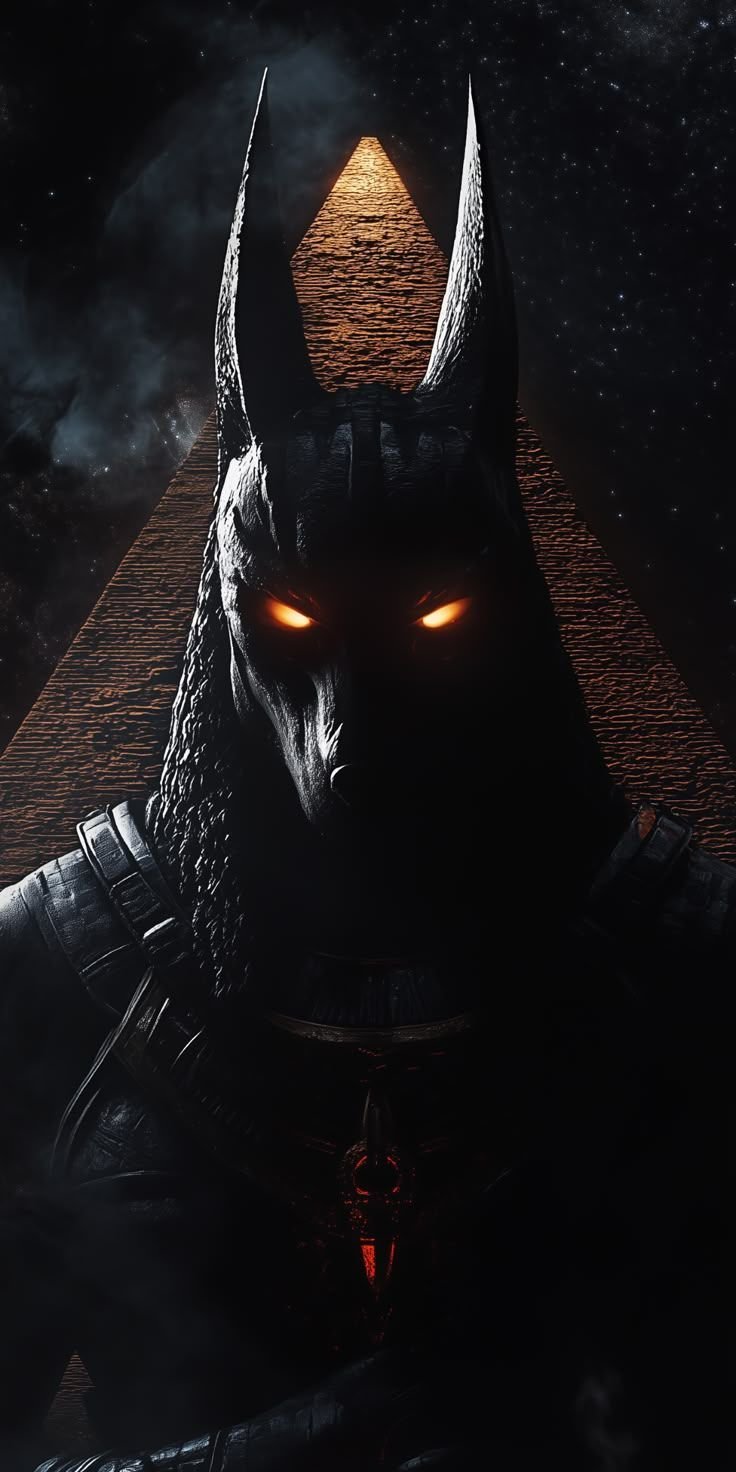 Dark armored figure with glowing orange eyes and long horns stands against starry night sky