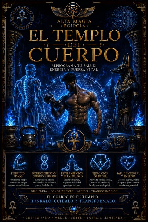 Book cover for Alta Magia Egipcia El Templo del Cuerpo featuring mystical Egyptian symbols, glowing blue human figures, and wellness icons on dark background