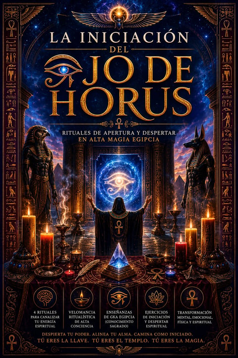 Book cover for La Iniciacion del Ojo de Horus featuring Egyptian mystical imagery, hieroglyphics, glowing eye symbol, and ritualistic ceremonial setup
