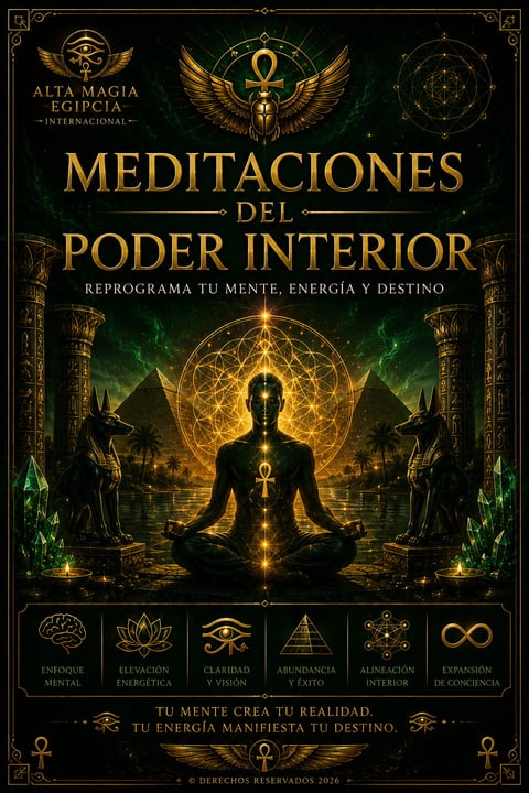 Book cover for Meditaciones del Poder Interior featuring a meditating silhouette surrounded by golden sacred geometry and Egyptian symbols on dark background