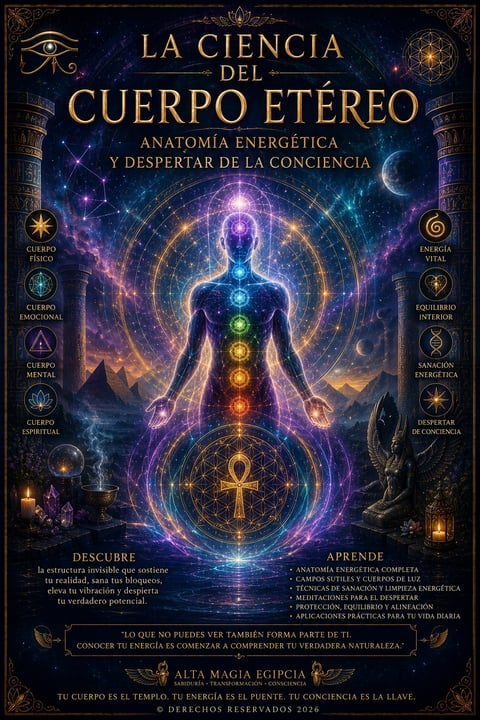 Spiritual book cover showing luminous human figure with chakra energy centers and cosmic symbols on dark mystical background