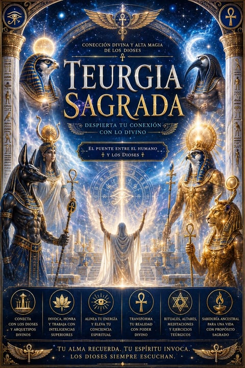 Mystical book cover for Teurgia Sagrada featuring Egyptian deities, divine symbols, glowing orbs, and a central figure with arms raised toward celestial light