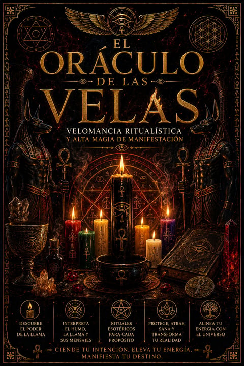 Book cover for El Oraculo de las Velas, a Spanish guide to ritual candle divination and manifestation magic with mystical symbols and burning candles
