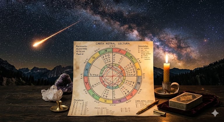 Astrological natal chart with crystal ball and compass under starry night sky with shooting star and Milky Way