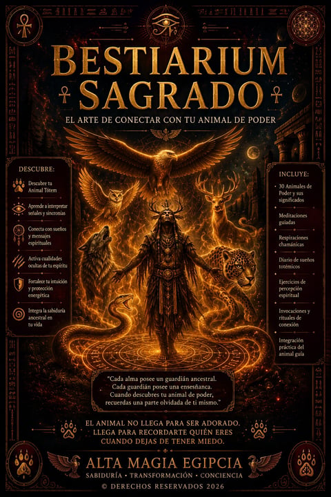 Book cover for Bestiarium Sagrado featuring golden occult imagery with a central robed figure surrounded by mystical animals and Egyptian symbols on black background