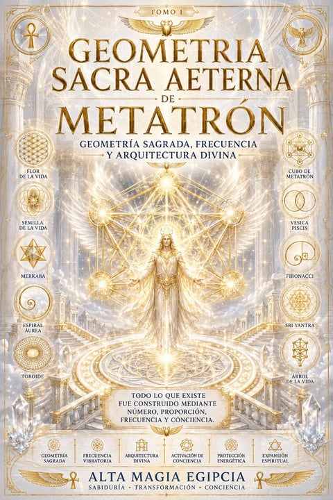 Book cover for Geometria Sacra Aeterna de Metatron showing a glowing angelic figure with geometric symbols and sacred geometry patterns